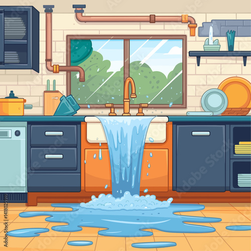 Explore this whimsical illustration of a modern kitchen featuring an overflowing sink, creating a fun and chaotic scene. Ideal for creative projects!