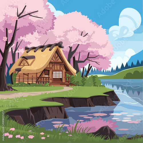 Discover tranquility in this picturesque image of a charming cottage nestled by a river, surrounded by blooming cherry blossom trees under a bright blue sky.