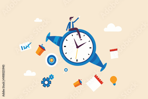 Improve productivity or efficiency, time management to finish within deadline, performance improvement or success concept, businessman riding fast flying clock with jetpack increasing productivity.