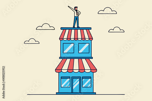 Build up business, expand or growing company empire, organization growth or ambition and effort to improve sales, extension concept, ambitious businessman build up store on top of company stack.