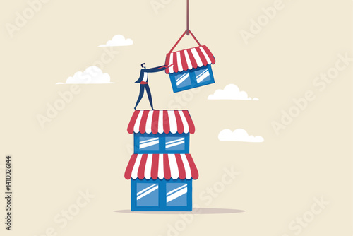 Build up business, expand or growing company empire, organization growth or ambition and effort to improve sales, extension concept, ambitious businessman build up store on top of company stack.