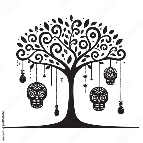 Artistic silhouette of tree with skulls hanging for day of dead photo
