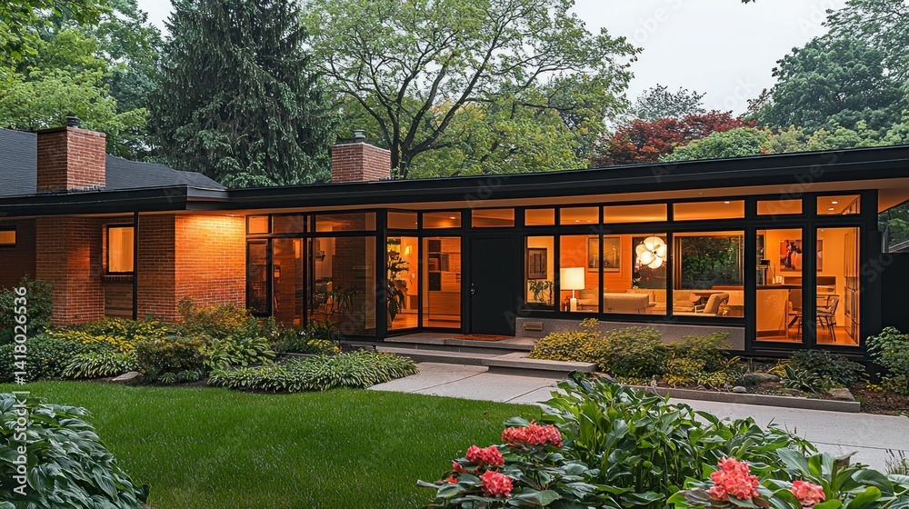 Obraz premium Modern home exterior at dusk, suburban garden