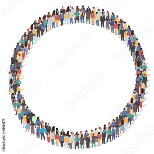 A diverse group of people stands shoulder to shoulder, forming a large circle. They engage in a moment of connection and unity, showcasing community spirit and togetherness.