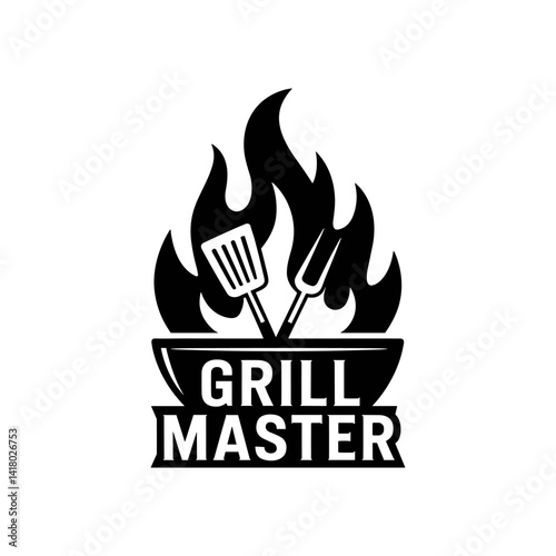 Grill Master Logo: A fiery emblem showcasing crossed grilling tools, spatula and tongs, set against a backdrop of vibrant flames within a grill bowl, with bold lettering proclaiming "GRILL MASTER."