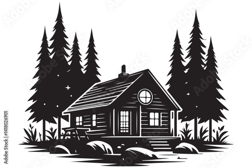 Cozy Cabin in the Woods Silhouette Illustration Vector Design