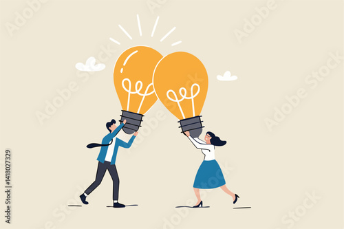 Combine idea, synergy or collaborate to get solution, brainstorm, teamwork or think together to develop great idea concept, businessman, businesswoman join or combine lightbulb idea for best result.