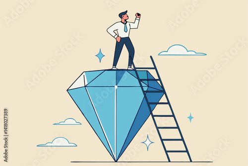 Value proposition, company value in marketing term of benefit for customer to buy product and service, quality or advantage concept, businessman holding winning flag on precious high value diamond.