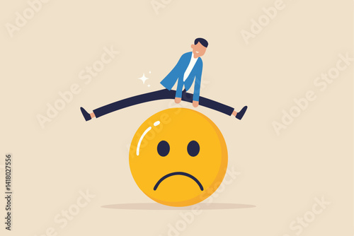 Overcome stress and anxiety, emotional problem, uncertainty or worried about work, depression or mental illness, sad and stressful concept, businessman jump over sad and negative emotion face.