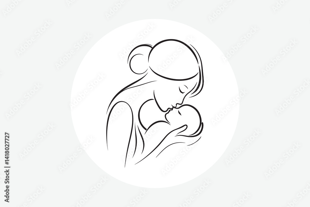 Obraz premium line art illustration of a loving mother gently holding and kissing her sleeping baby,