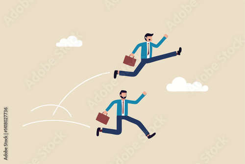 Competitive advantage to win business competition, upgrade skill, innovation, work efficiency or career promotion, effort or skill concept, businessman with spring shoes leap fast over competitor.