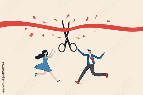 Cut ribbon to start new business, startup launch new product ceremony or great beginning celebration event, businessman and businesswoman holding scissors to cut red ribbon start new company.