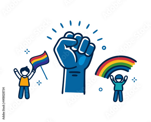 Raised Fist Celebrating Pride Month with Rainbow Flags  