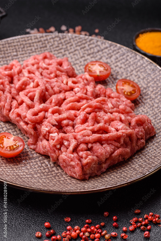 Stuffing or ground raw beef or pork with salt and spices Stuffing or ground raw beef or pork with salt and spices