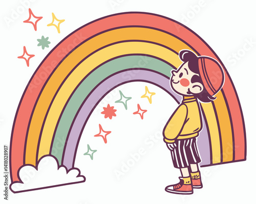 Cheerful child gazing at a vibrant rainbow with sparkles  