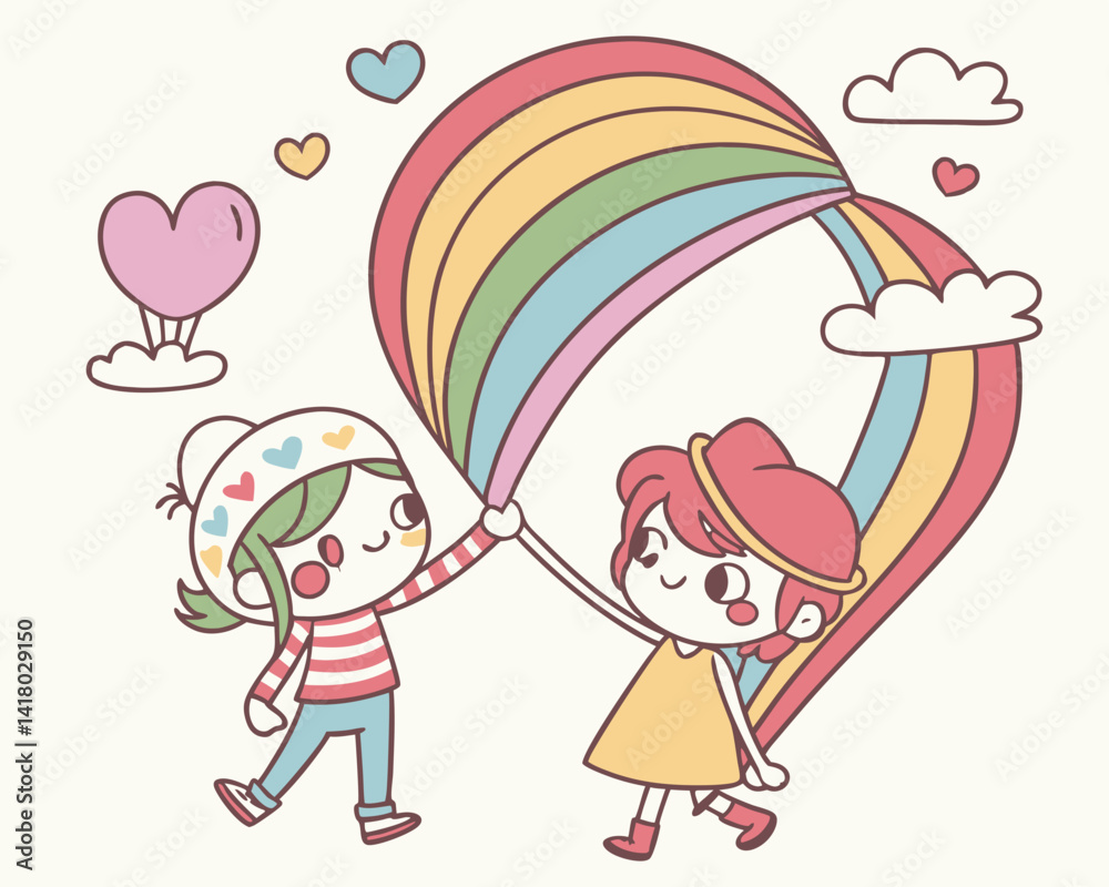 Two kids celebrating Pride Month with a colorful rainbow Two kids celebrating Pride Month with a colorful rainbow