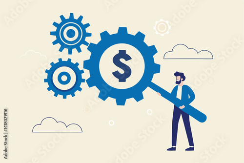Cost effective, reduce cost and time to maximize better quality result, optimize cost and expense for better profit strategy concept, businessman with magnifier dollar money from cog gear production.