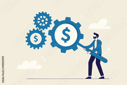Cost effective, reduce cost and time to maximize better quality result, optimize cost and expense for better profit strategy concept, businessman with magnifier dollar money from cog gear production.