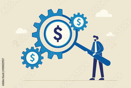 Cost effective, reduce cost and time to maximize better quality result, optimize cost and expense for better profit strategy concept, businessman with magnifier dollar money from cog gear production.