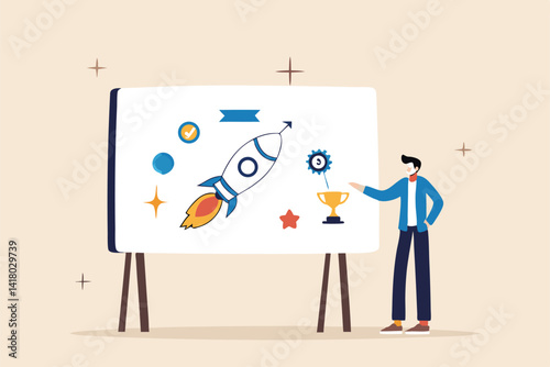 Marketing plan, strategy planning to launch product, innovation or idea to develop plan, promotion and advertising, analyze data for success concept, businessman explain marketing plan on whiteboard.