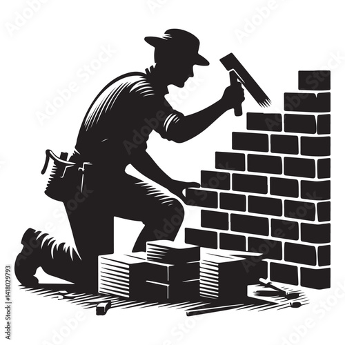 Bricklayer Constructing Brick Wall Silhouette Vector Illustration Professional Trade