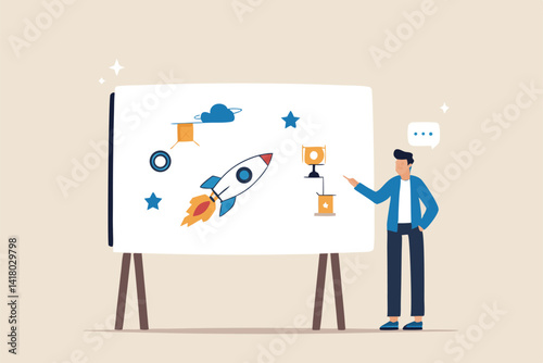 Marketing plan, strategy planning to launch product, innovation or idea to develop plan, promotion and advertising, analyze data for success concept, businessman explain marketing plan on whiteboard.