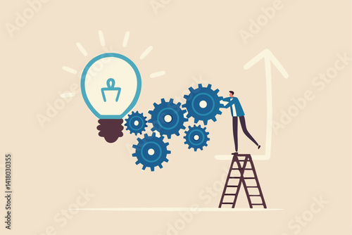 Process improvement, adjustment to improve efficiency or productivity, project progress or development to increase performance concept, businessman put gear into system to improve development process.