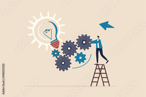 Process improvement, adjustment to improve efficiency or productivity, project progress or development to increase performance concept, businessman put gear into system to improve development process.