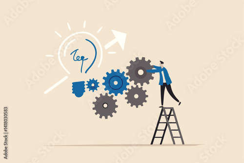 Process improvement, adjustment to improve efficiency or productivity, project progress or development to increase performance concept, businessman put gear into system to improve development process.