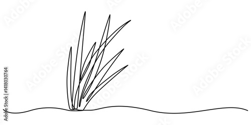Abstract meadow line with grass. Continuous one line drawing. Vector illustration, Reed one continuous line illustration. Hand drawn doodle drawing of pond on white background, minimalist style pro.