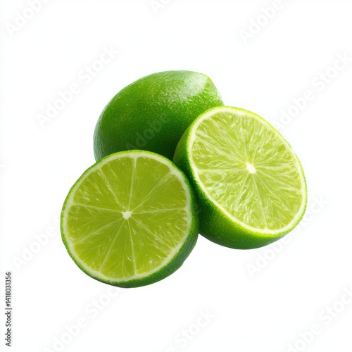 Three green limes close up photo isolated on white background