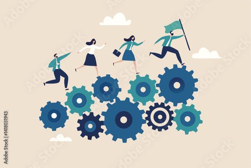 Organization efficiency, development and workflow, business strategy to make team success, company system and resources concept, business people running on rotating cogwheel or gear to drive business.