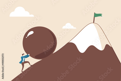 Perseverance, grit or persistence to push effort to success, resilience and strength to keep pushing and achieve goal and success concept, ambitious businessman pushing heavy boulder to mountain peak.