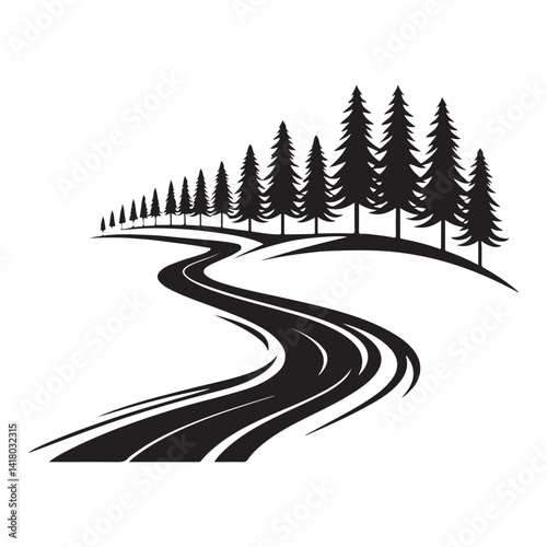 Winding Road Through Forest Silhouette Vector for Scenic Travel Designs