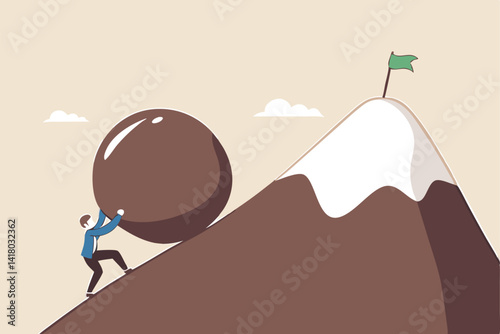Perseverance, grit or persistence to push effort to success, resilience and strength to keep pushing and achieve goal and success concept, ambitious businessman pushing heavy boulder to mountain peak.