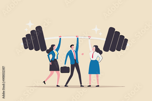 Teamwork to support for success, cooperate or collaboration to achieve strength, help or togetherness for business solution concept, business people office team help lifting heavy weight successfully.