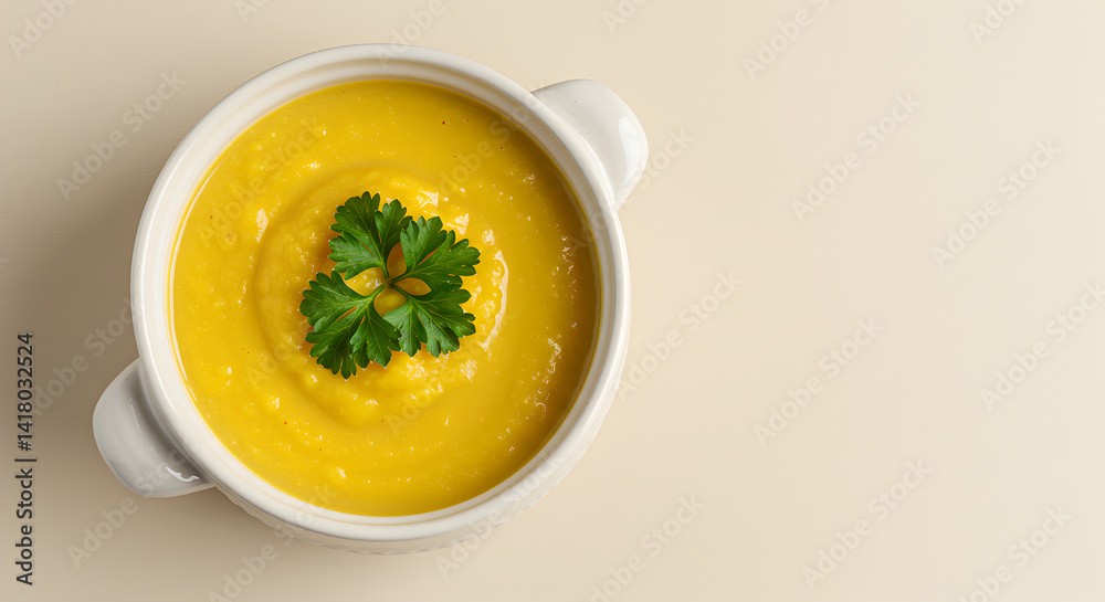 Delicious Creamy Butternut Squash Soup Topped with Fresh Parsley Isolated Delicious Creamy Butternut Squash Soup Topped with Fresh Parsley Isolated