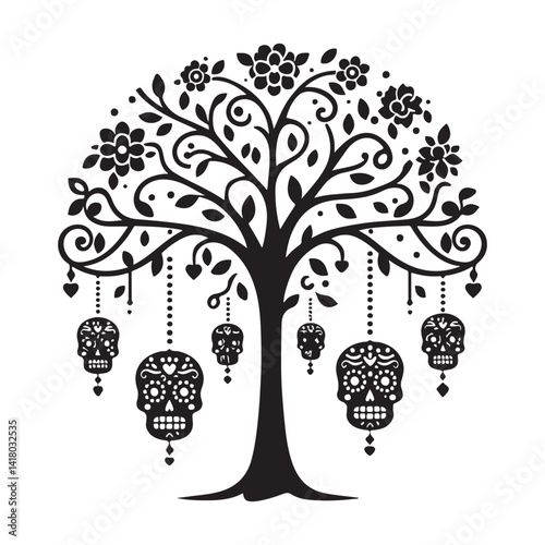 Sugar Skull Tree Celebration Dia de Muertos Silhouette Vector photo