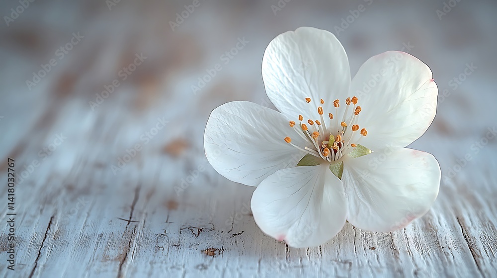 Fototapeta premium Delicate white flower rests on weathered wood.