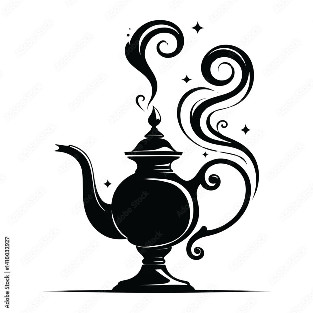 Magical Teapot Silhouette with Swirling Steam and Stars