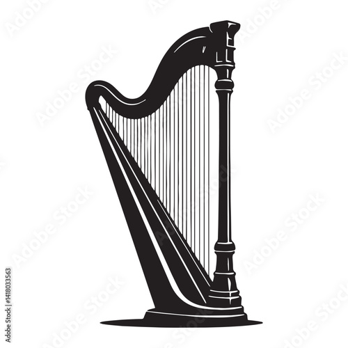 Angelic Harp silhouette, pure and peaceful – Harp illustration – Minimalist Harp vector – Musical instrument silhouette

