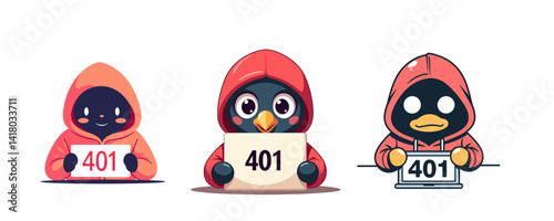Hooded characters expressing frustration with 401 error, isolated on white background