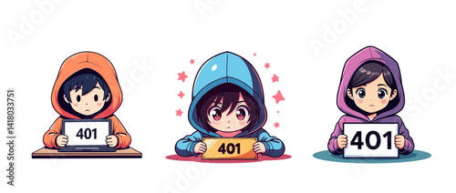 Hooded characters displaying frustration while holding 401 error signs against a plain background for digital education materials