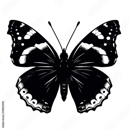 Full Body Silhouette of a Black Red Admiral Butterfly on White Background, Simple Vector Illustration