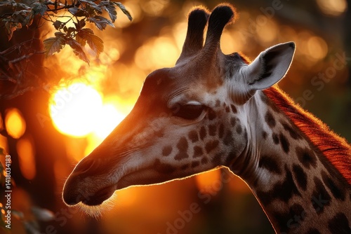 Close-up of a Giraffe's Head at Sunset in Natural Habitat photo