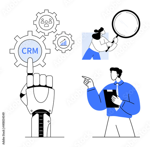 Robotic hand points at CRM gear surrounded by other gears with people discussing data and insights. Ideal for technology, teamwork, CRM, business strategy, data analysis, innovation, marketing. Flat