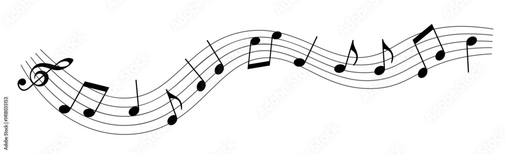 Flowing Musical Staff With Various Black Music Notes, Such as Clef, Quarter Notes and Eighth Notes, Arranged Along Curving Lines. Representation of Music or Melody Flowing Musical Staff With Various Black Music Notes, Such as Clef, Quarter Notes and Eighth Notes, Arranged Along Curving Lines. Representation of Music or Melody