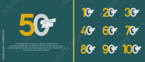 set of anniversary logo flat yellow and silver color with ribbon for celebration moment