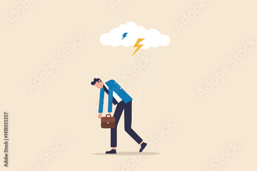 Having bad day, disappointed work, discourage or depression, failure feeling bad or difficulty, having problem and trouble concept, depressed wet businessman walking in raining thunderstorm.