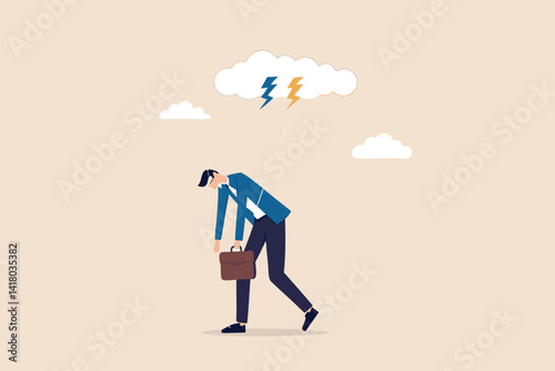 Having bad day, disappointed work, discourage or depression, failure feeling bad or difficulty, having problem and trouble concept, depressed wet businessman walking in raining thunderstorm.